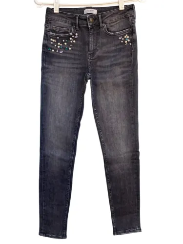 Calça Jeans Zara Skinny Cinza Escura Aplicação de Pedrarias e Pérolas, Tamanho 36 (Nova)