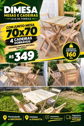 Jogo madeira maciça natural 70x70 com 4 cadeiras