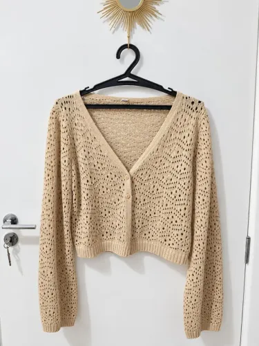 Cardigan Cropped de Crochê Renner - Bege - PP
