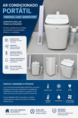 Ar-Condicionado Portátil Britânia 11.000 BTUs Quente e Frio 220V