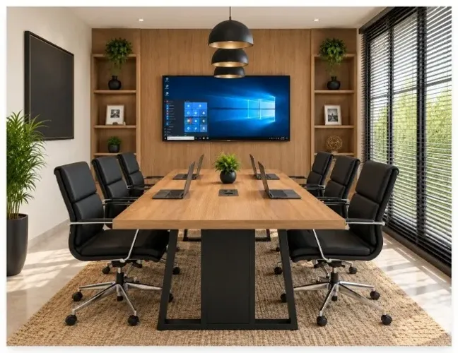 Mesa de Reunião Trapeze Wood. Com Painel e Cxs. de Tomadas. L270cm x P120cm x A74cm