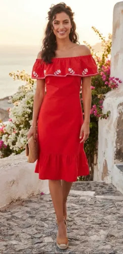 Vestido Vermelho de marca (ponto cruz no ombro)