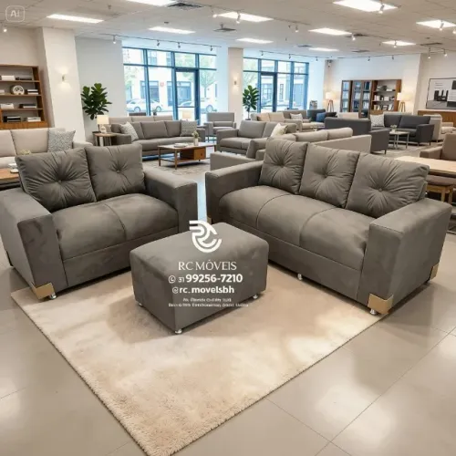 Sofá 2 e 3 Lugares com Puff Suede Grafite D33 Confortável