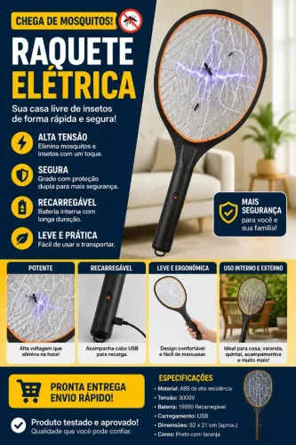 Raquete Elétrica (bivolt) - Mata insetos