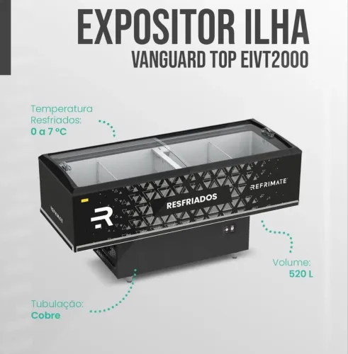 Ilha de congelados 2,00 m com iluminação led e vidro semi curvo Refrimate