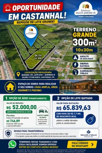REPASSE DE LOTE GRANDE NO SALLES JARDIM IIIVendo excelente lote residencial medindo 10x30