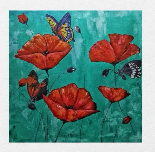 Quadro Pintura Acrílica Flores e Borboletas - 40x40cm (Canvas)<br>