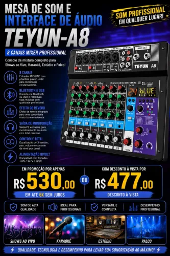 Mesa de som e interface de áudio 8 canais USB efeito BluetoothTeiun A8 promoção