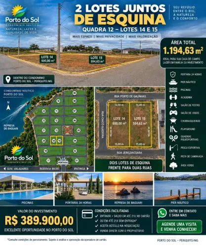 OPORTUNIDADE: 2 LOTES JUNTOS NO PORTO DO SOL - 1.194 m² - PERIQUITO/MG