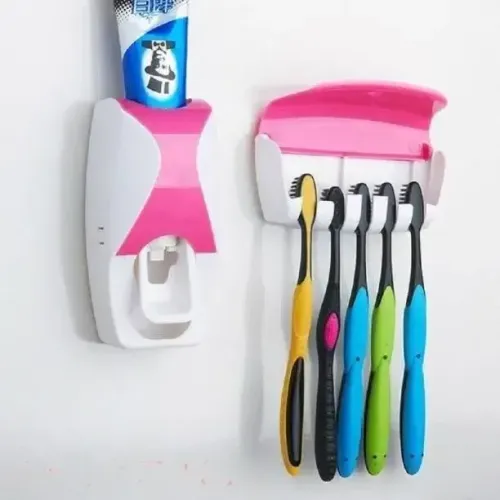 Porta-escovas dispensador de pasta de dente rosa