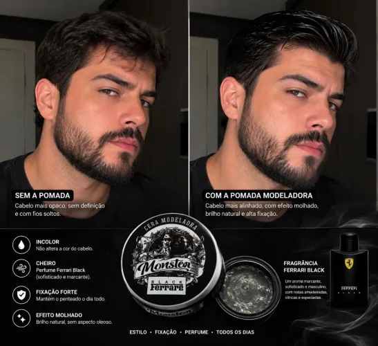 Cera Modeladora Monster Black Ferrari ? Efeito Molhado e Fixação Forte