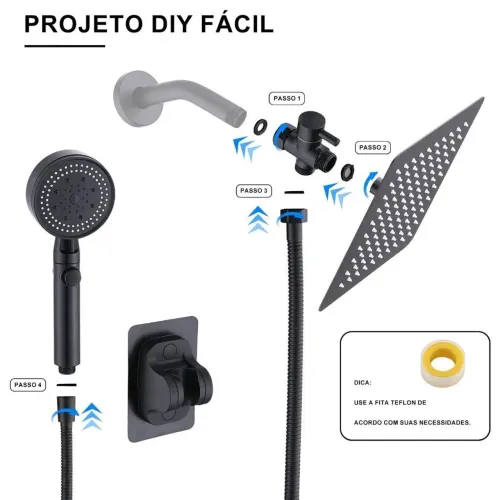 Kit Ducha chuveiro de banheiro, 30 cm Inox quadrada, com ducha manual -1,5m