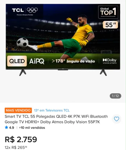 SMART TV QLED 55 TCL LACRADA NA CAIXA
