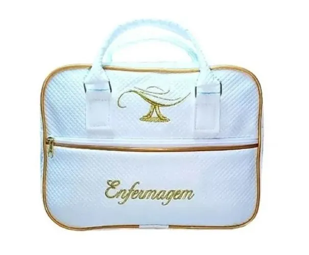 Bolsa luxo enfermagem nas cores branca com detalhes dourado e verde ou azul