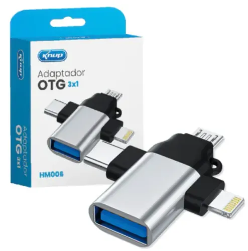 Adaptador OTG USB 3 em 1 V8 Tipo C e Lightning Knup KP-HM006