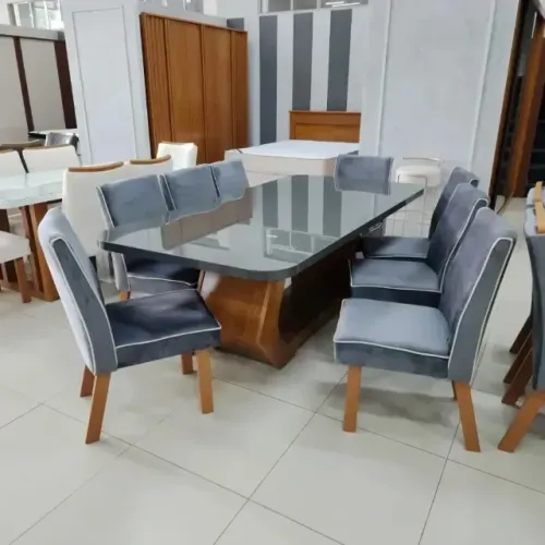 Sala De Jantar 220x110 Lottus Mdf/vidro Grafite com 8 Cadeiras