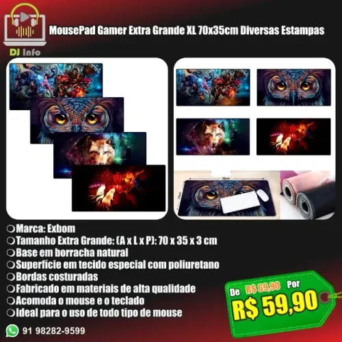 MousePad Gamer Extra Grande XL 70x35cm Diversas Estampas