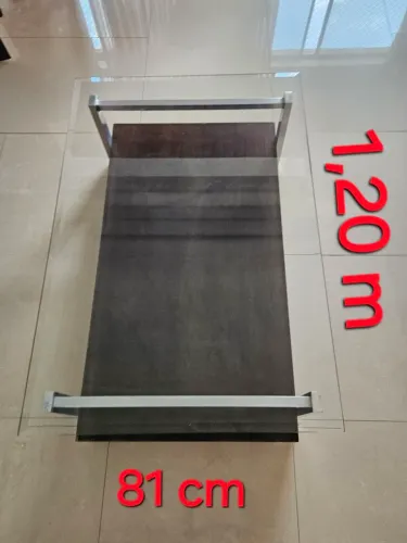 Mesa de centro para sala em madeira, alumínio e vidro 8 mm- semi nova