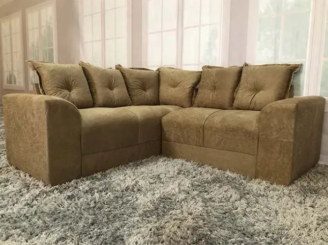 Sofá de Canto 5 Lugares Suede Bege Almofadas Soltas