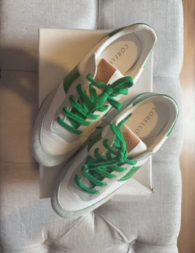 Tênis Corello Retrô - Couro Cinza/Verde/Off White TAM. 37