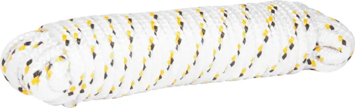 Corda multifilamento trançada 10,0 mm x 15 m, branca com detalhes em preto e amarelo, cart