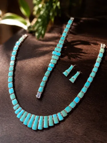 Conjunto Mexicano Vintage Prata 950 Turquesa Natural + Brincos - Joia Exclusiva