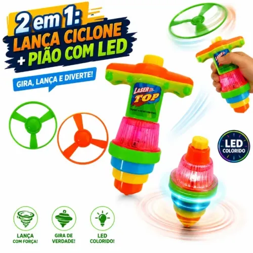 Lança Ciclone Pião LED Girocóptero Infantil 2 em 1