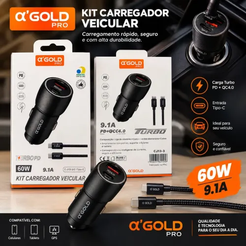 Kit carregador veicular 60w A Gold 9.1A Tipo C