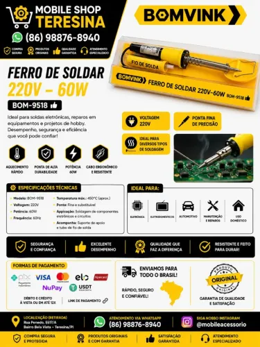 Ferro de Solda 60W 220V Ponta Fina Bomvink BOM-9518