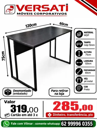 mesa de escritorio 120 x 60 mdp pé de metal cor preta ( produto novo ) promoção
