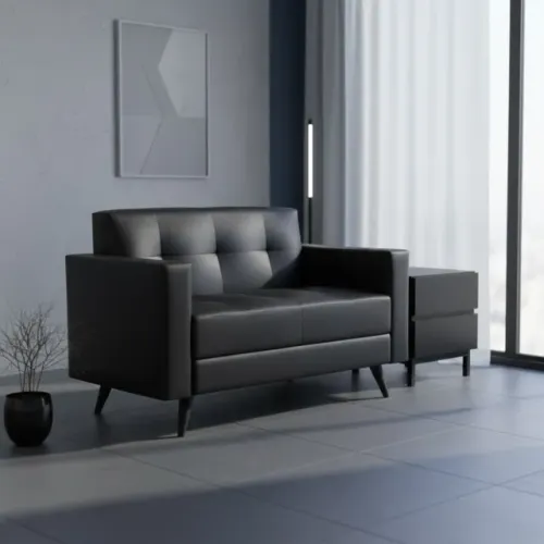 Sofá Escritório Roma 02 Lugares Corino Preto Conforto Sofisticado Durável Modelo 60041