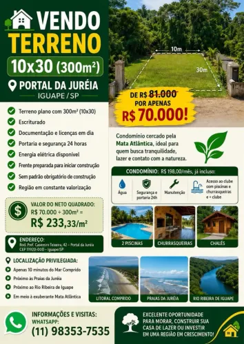 Terreno 10x30 (300 m²) no Portal da Juréia - Ótima Oportunidade em Iguape/SP