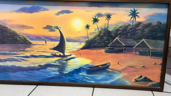 Quadro Decorativo Paisagem Litorânea com Moldura em Madeira