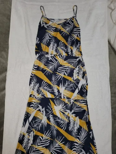 Vestido Longo Estampado Tropical Azul e Mostarda