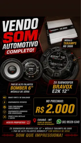 Som Automotivo Completo Sub Bravox E2K + Taramps HD 3000 + Bomber 6? - R$ 2.000 ?