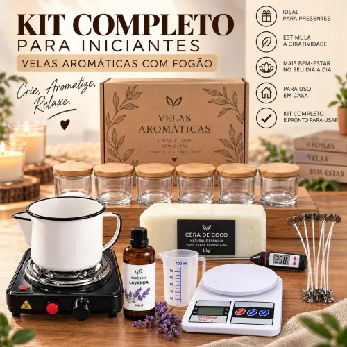 Kit iniciante para fazer velas Premium com cera de coco essência fogão