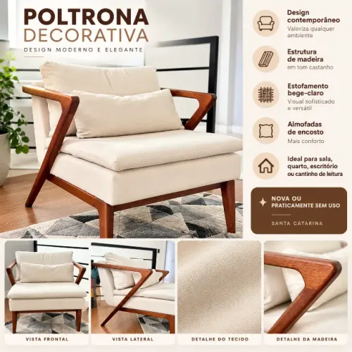 Poltrona Decorativa de Madeira com Estofado Bege - Design Moderno