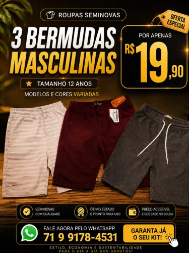 3 BERMUDAS MASCULINAS-SEMI-NOVAS-MODELO E CORES VARIADAS