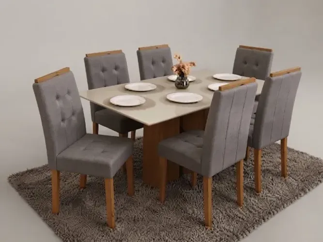NOVO Mesa de Jantar Los Angeles com 6 Cadeiras Londres Linho Cinza