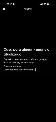 Casa para alugar com dois quartos no Infraero 2