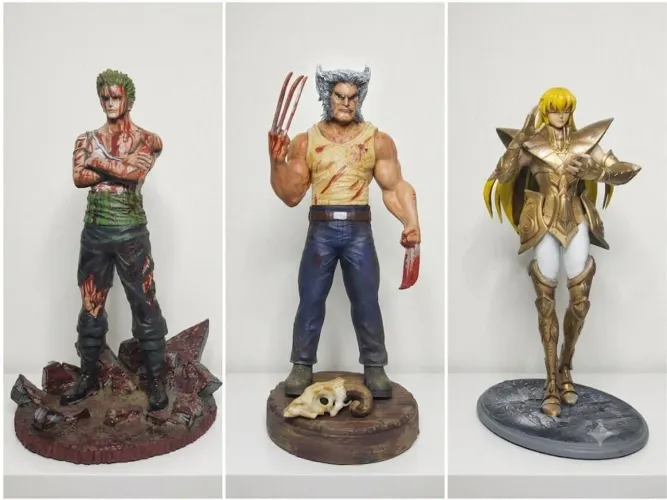 Três action figure, Zoro, Wolverine e Shaka