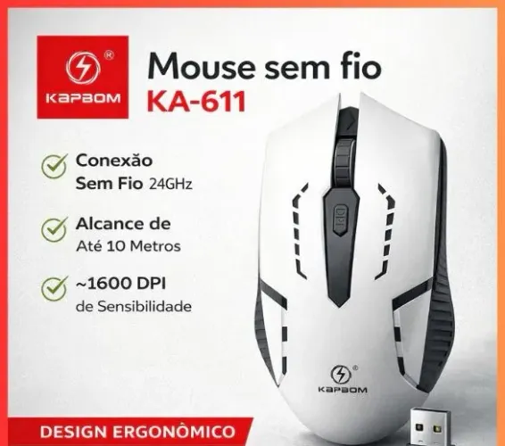Mouse Sem Fio Óptico Ergonômico Com Receptor USB Interno 2.4Ghz Até 1600 DPI