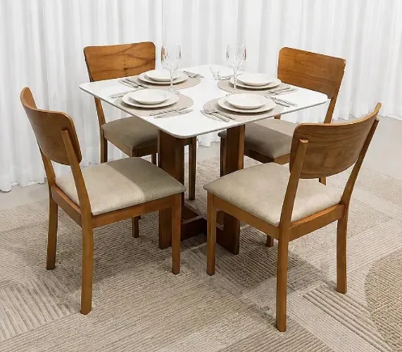 Mesa de Jantar San Marino 90x90 Vidro + 4 Cadeiras encosto Madeira Maciça