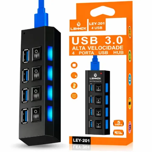 Hub USB 3.0 Lehmox LEY-201 4 Portas com Botão Liga Desliga Alta Velocidade pode retirar no