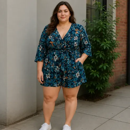 Macaquinho feminino plus size elastano estampa natureza flores