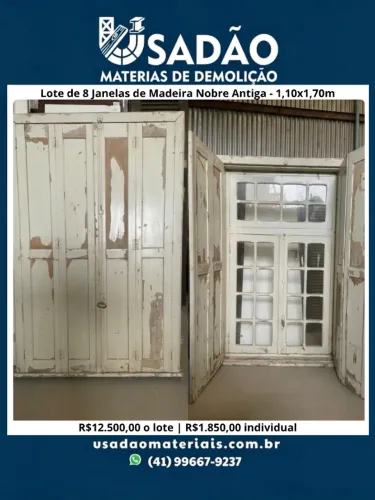 Lote de Janelas de Madeira Nobre Antiga Branca - 1,10x1,70m