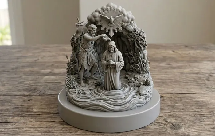 São João Batista Batizando Jesus - 10 cm Santo rico em detalhes, com excelente acabamento.