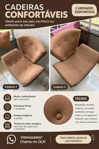 02 CADEIRAS MARROM, CONFORTALVEL, RESISTENTE E REVESTIDA EM LINHO SINTÉTICO.