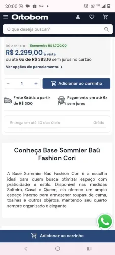 Conjunto Box-BAÚ Ortobom + Colchão Casal Premium (Molas Ensacadas e Espuma D33))