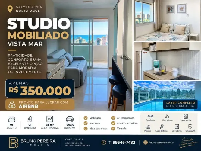 STUDIO MOBILIADO COM 25M² MOBILIADO NASCENTE VISTA MAR COSTA AZUL